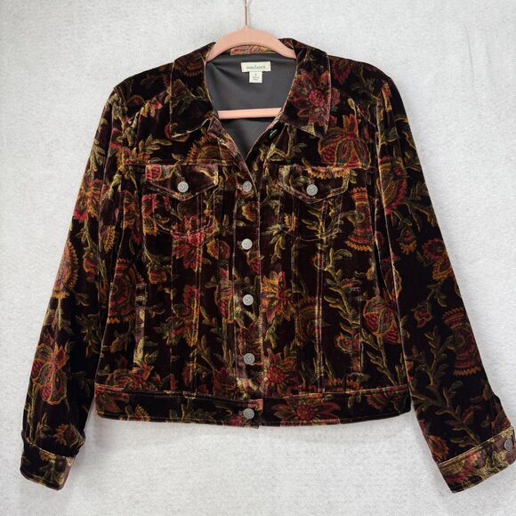 Sundance Jackets & Blazers - Sundance Jacket Womens Small Brown Red Floral Velvet Silk Blend Trucker Lined